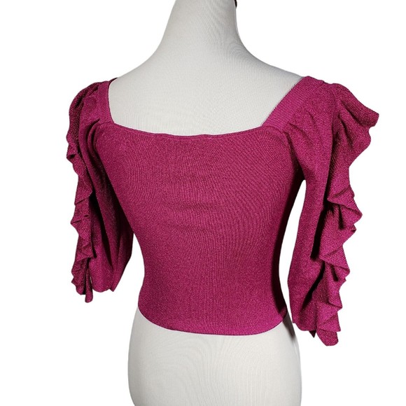 Zara Magenta Metallic Knit Ruffled Sleeve Short Top Women's Size Small - Picture 5 of 8